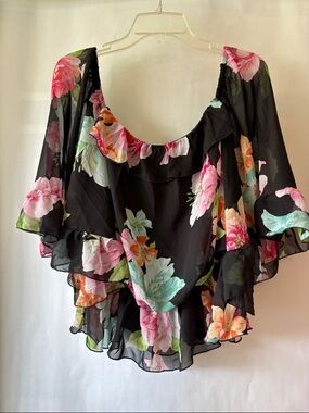 Black Floral Ruffle Off-Shoulder Blouse